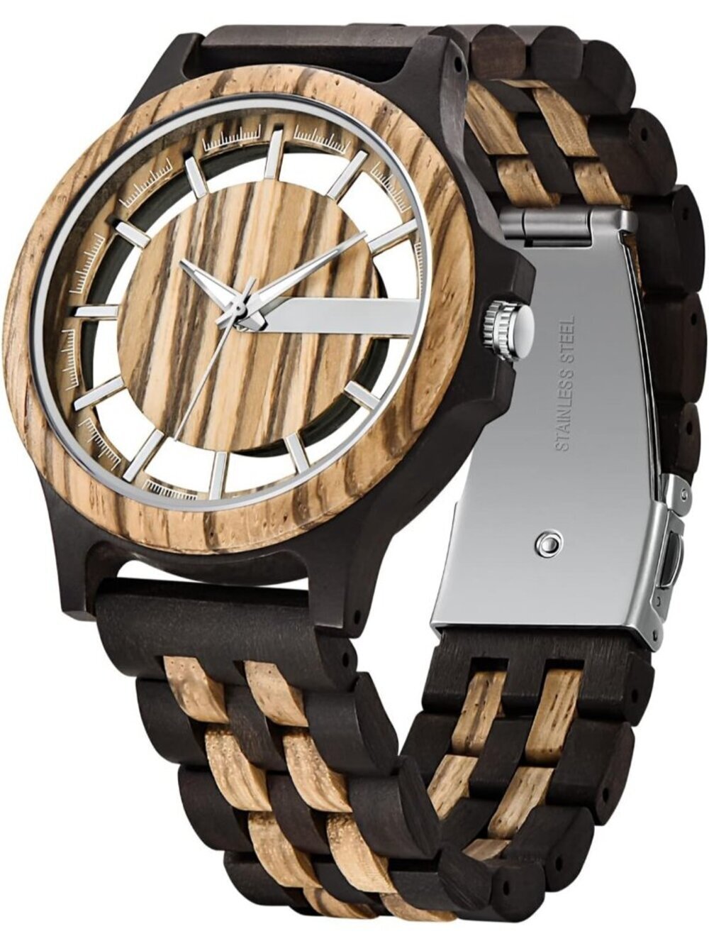 Men's Black Brown Classic Handmade Round Bamboo Analog Date Quartz Wooden Watch
